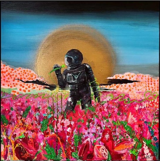 An astronaut standing in a vivid pink field under a golden sun