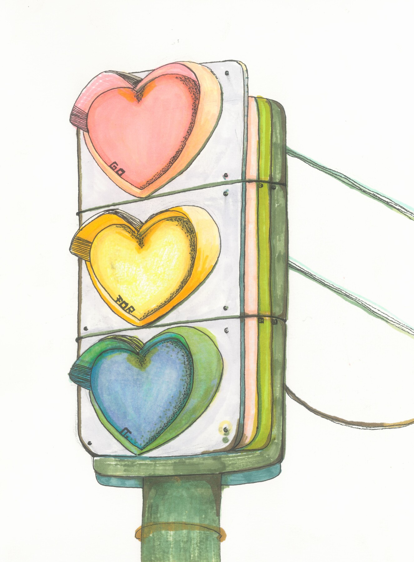 A traffic light made from three coloured hearts